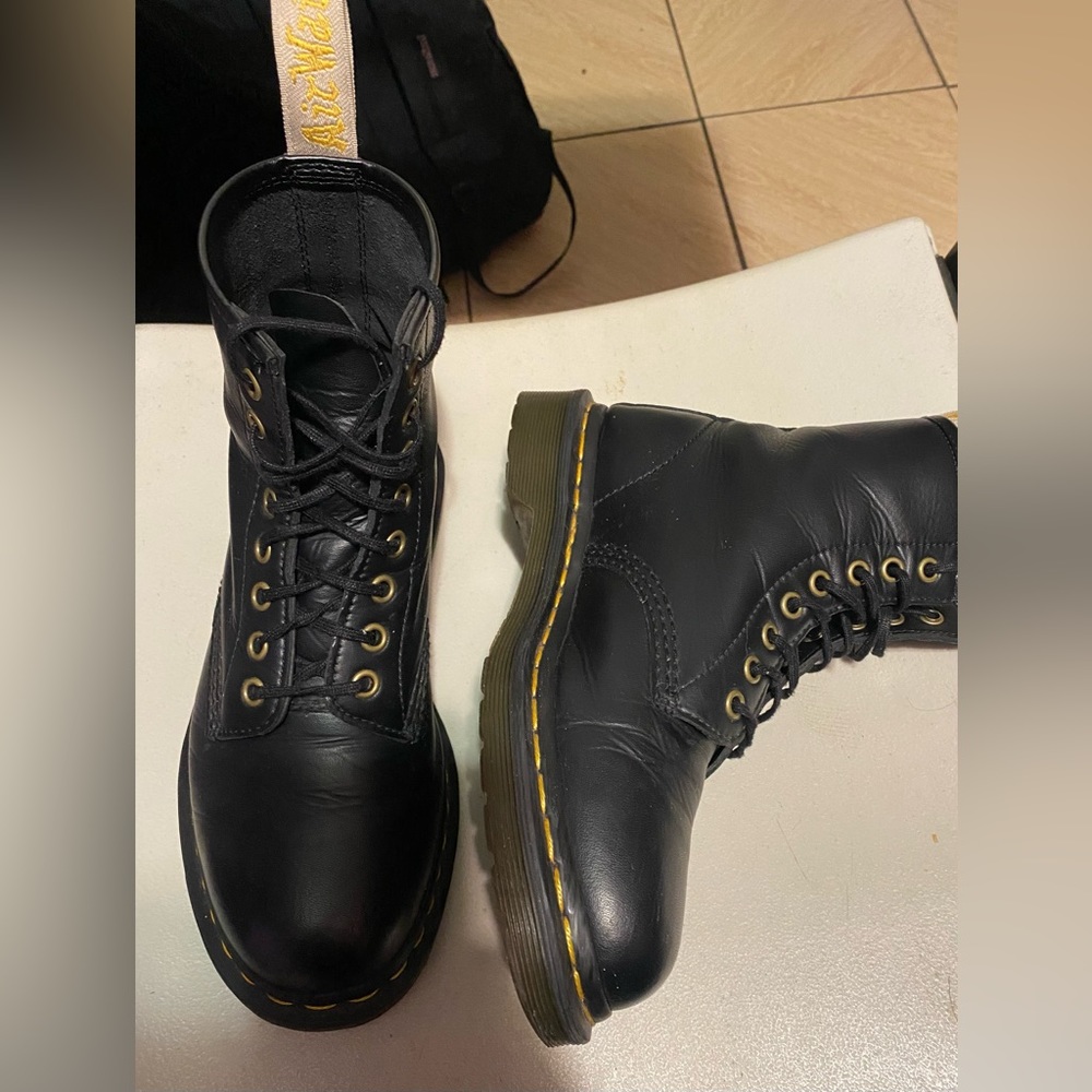 Dr. Martens Black Leather Lace-Up Boots with Yellow Stitching - Picture 2 of 9